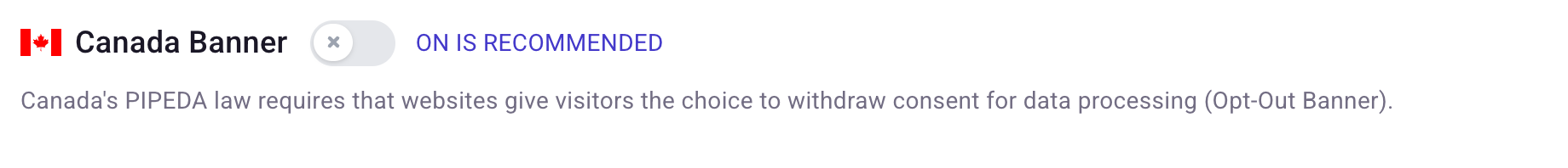 Canada Banner setting with an off toggle and an ON IS RECOMMENDED hint