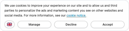 GDPR consent banner with Manage, Decline, and Accept actions