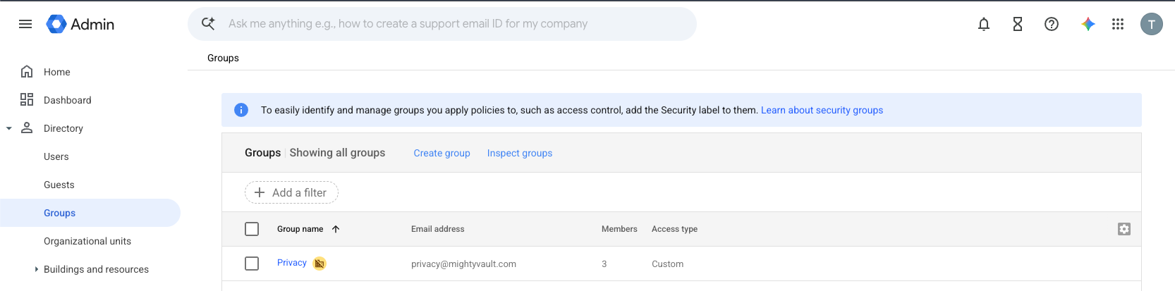Google Admin Directory showing the existing privacy Group