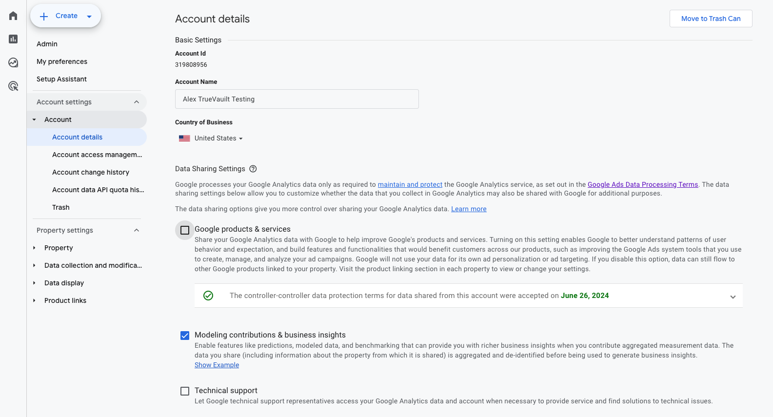 Google Analytics Account details page showing the Data Sharing Settings section
