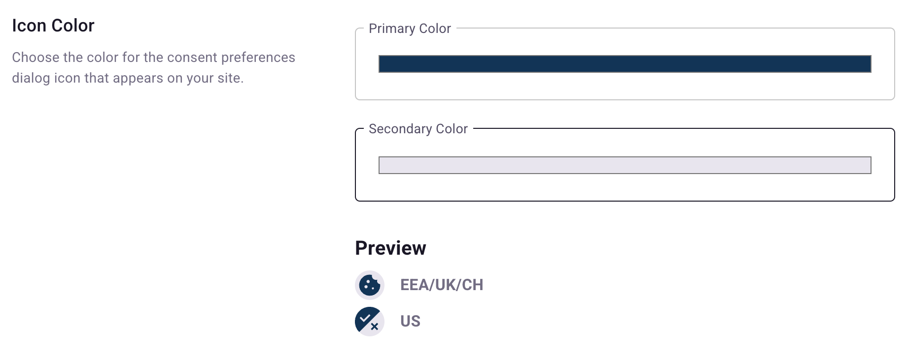 Icon Color setting with primary and secondary color pickers and a live preview