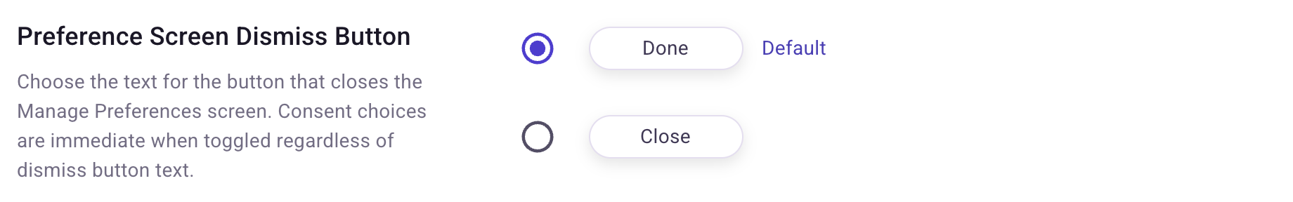 Preference Screen Dismiss Button setting with Done and Close options