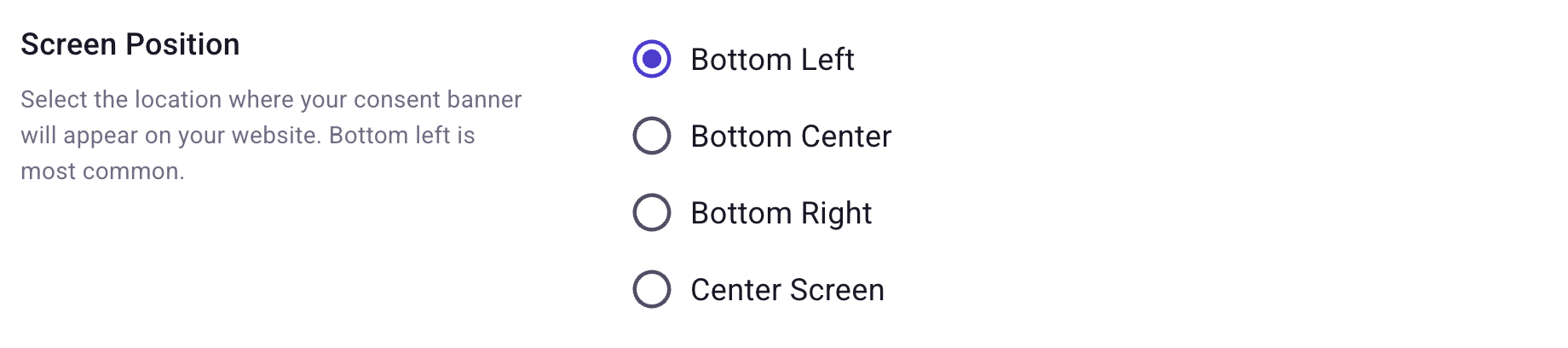 Screen Position setting with Bottom Left, Bottom Center, Bottom Right, and Center Screen options