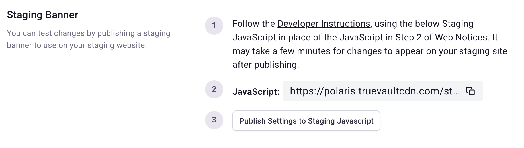 Staging Banner setting with developer instructions, a staging JavaScript URL, and a publish button