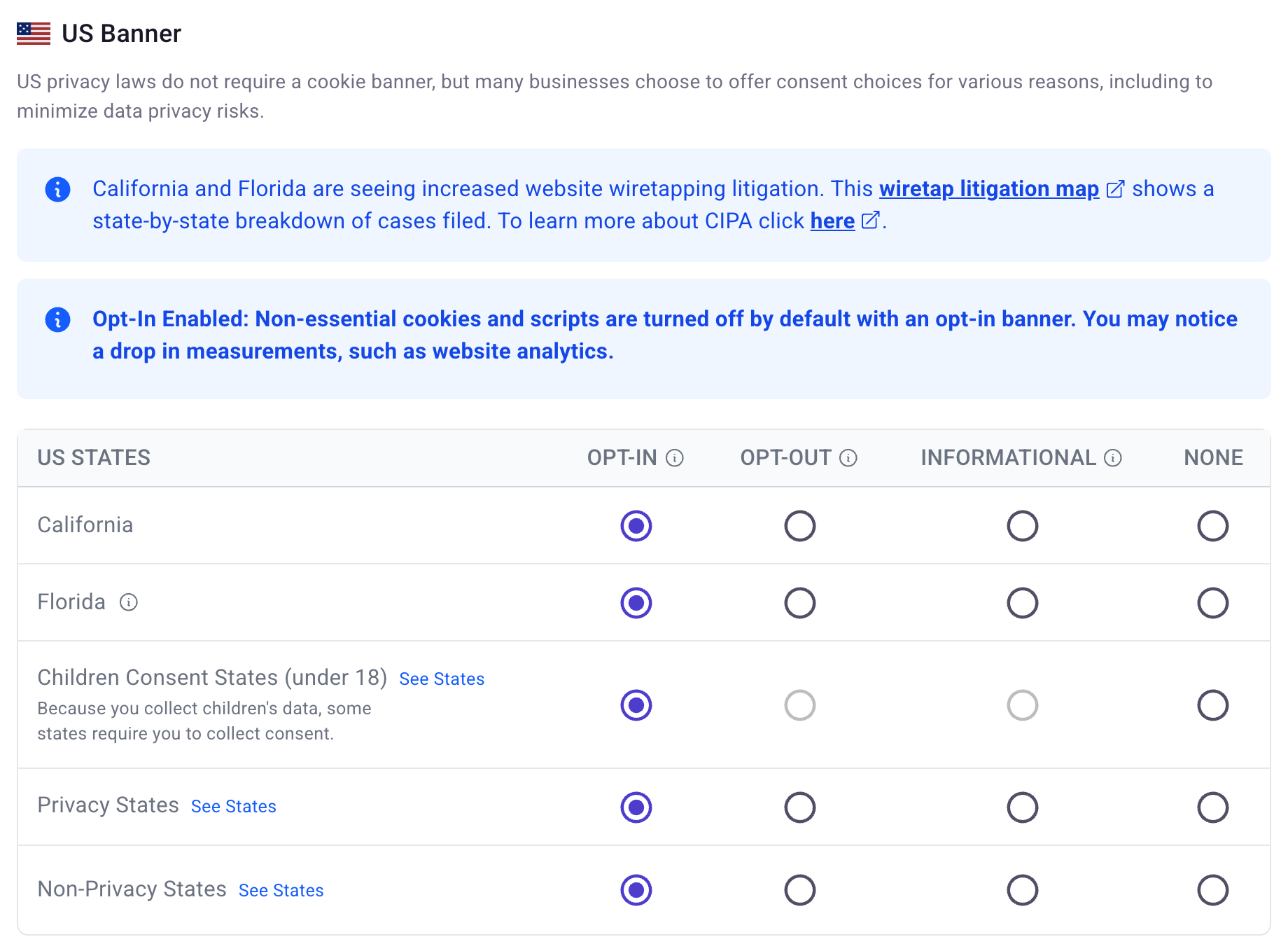US Banner settings table with rows for California, Florida, Children Consent States, Privacy States, and Non-Privacy States