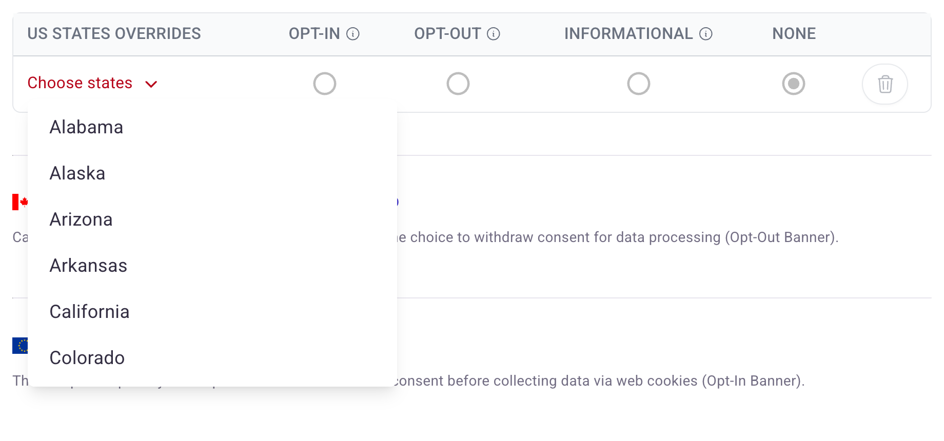 US States Overrides table with the state picker open